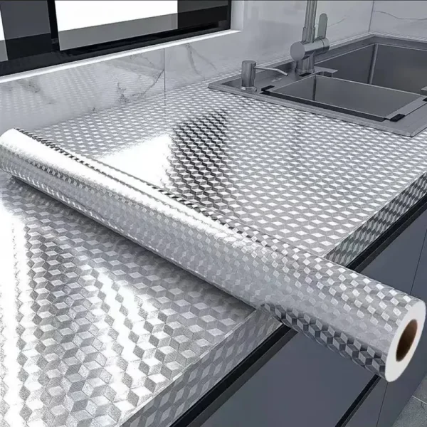 Kitchen Waterproof Oil Proof Aluminum Foil Sticker, Silver Chequer Peel and Stick Wallpaper Removable and Self Adhesive Paper for Kitchen