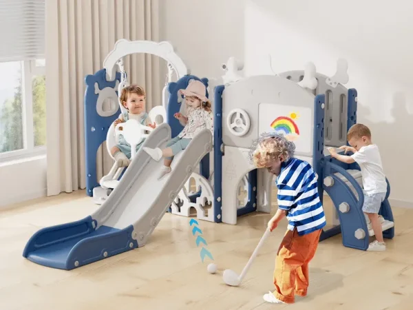 KORIMEFA 13 - in - 1 Toddler Slide, Kids Swing and Slide for Toddlers Age 1 - 4, Outdoor Indoor Playground Playset for Toddlers with Basketball Hoop and Ball Playset Telescope, Blue