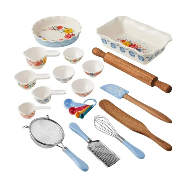 The Pioneer Woman PW43007796140GI Brilliant Blooms 20-Piece Blue Bake & Prep Set with Baking Dish & Measuring Cups