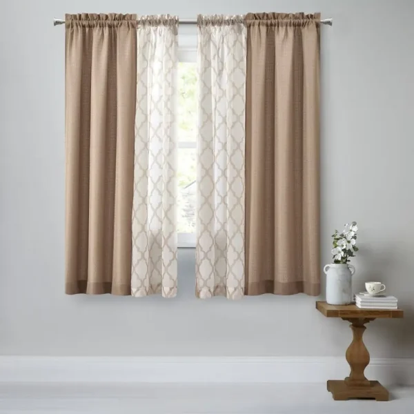 Mainstays 4pc Set, Rod Pocket Curtain Panel, 27.5 inch x 63 inch, Tan, Size: 27.5 x 63