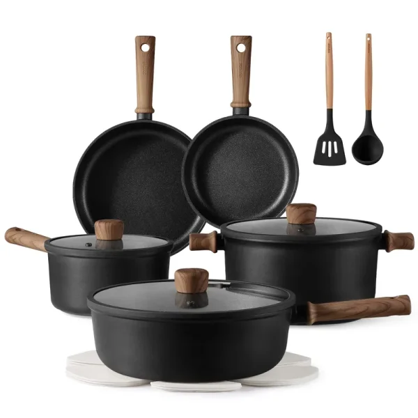 Carote 13 - Pcs Nonstick Cookware Sets, Pots and Pans with Stay - Cool Handles, Induction Compatible Kitchen Set, (Black)