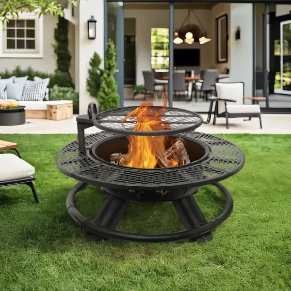 Bestier Fire Pit with Grills Grate, 47" Outdoor Firepit for Outside Wood Burning, Round Metal Fire Pits for Patio, Picnic, Party, BBQ, Deer Head Style