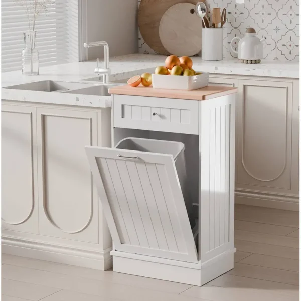 Tolead Tilt Out Trash Cabinet,Antique-Style Beadboard Kitchen Island with Solid Wood Tabletop & Drawer, Pet Proof Trash Can, Wood Laundry Cabinet