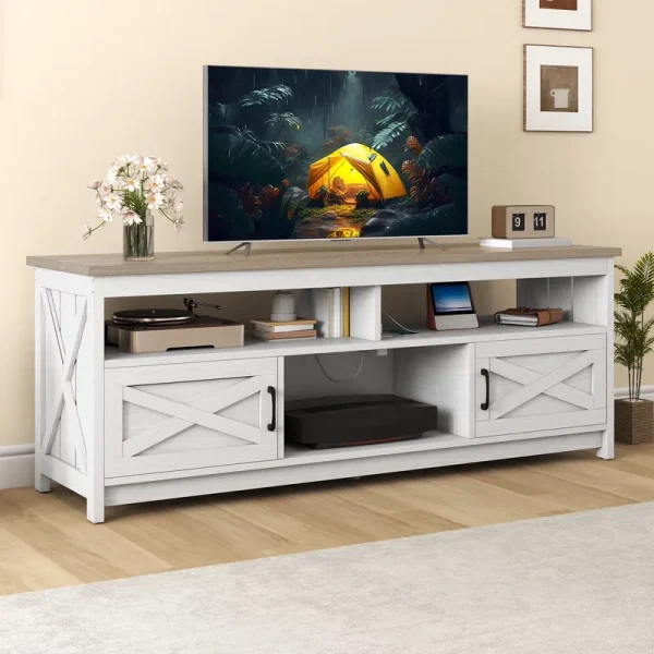 Uforic 65" Farmhouse TV Stand for 60/65 in TV with Power Outlet, Entertainment Center TV Console with Door, White & Brown