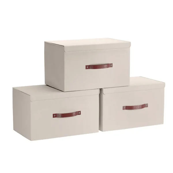 Ornavo Home Foldable Linen Large Storage Bin with Leather Handles and Lid - Set of 3 - Beige