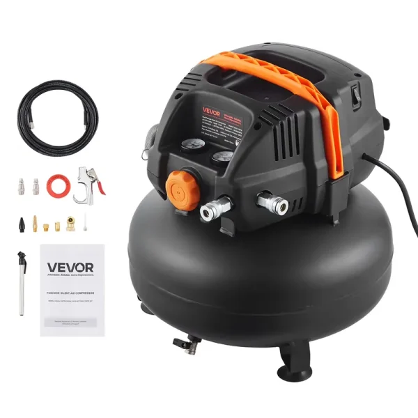 VEVOR 6 Gallon Air Compressor, 1.7HP 2.3cfm@90psi Portable Pancake Air Compressor & 150PSI Max Pressure, 12 - Piece Accessory Kit with 25FT Air Hose for Tire Inflation, Spray Painting, Woodwork Nailing
