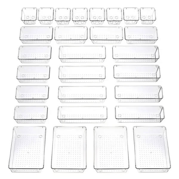 Byomostor 28pcs Clear Plastic Drawers Organizer in 4 Sizes, Ultimate Storage Bins for Bathroom, Vanity, Junk Drawer, Office -