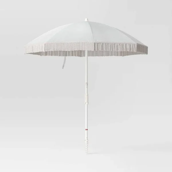 6.5'x6.5' Round Outdoor Patio Beach Umbrella with Fringe Ivory - Threshold