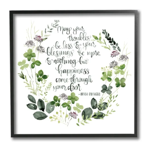 Stupell Troubles Be Less Irish Proverbs Wildflower Wreath Framed Wall Art - Green - 12 x 12 - Wood - Black