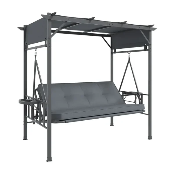 AECOJOY 2-in-1 Convertible Porch Swing Bed 3 Seat, Outdoor Patio Metal Pergola Swing