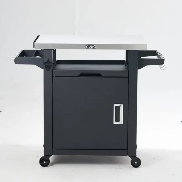 Deluxe 30IN Outdoor Rolling Grill Cook Station. Bar Table with Patio Storage Cabinet and Outdoor Dining Table. Black