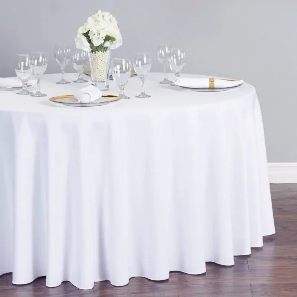 Linen Round Polyester Tablecloth, White, 120"