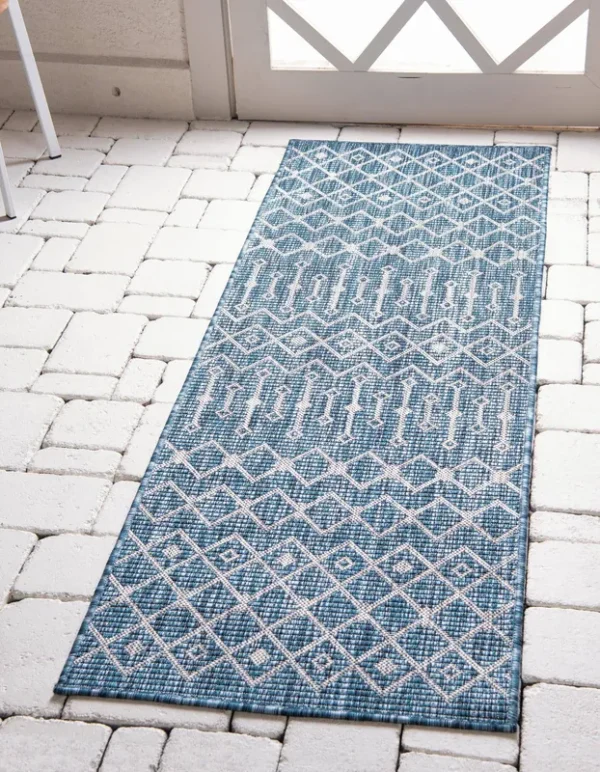 Unique Loom Outdoor Tribal Trellis Rug - 2' x 6' Runner - Blue