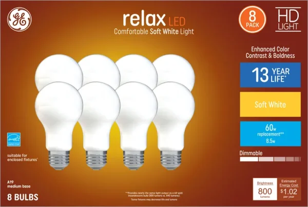GE Relax 8-Pack 60 W Equivalent Dimmable Warm White A19 LED Light Fixture Light Bulbs