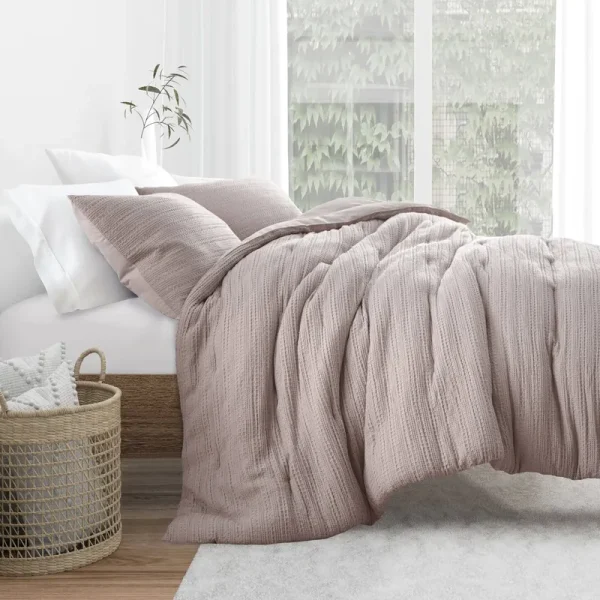 ienjoy Home Waffle Textured 3 Piece Comforter Set All Season Down-Alternative Ultra Soft Bedding - Mauve - King