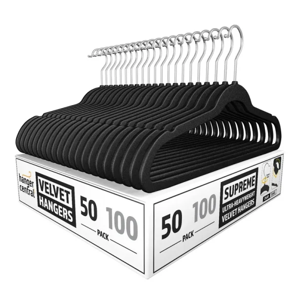 Hanger Central Velvet Heavy Weight Clothing Hanger 50 Pack Black