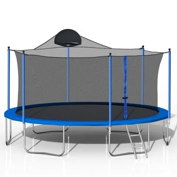 14FT Trampoline for Adults & Kids with Basketball Hoop, Outdoor Trampolines W/Ladder and Safety Enclosure Net for Kids and Adults