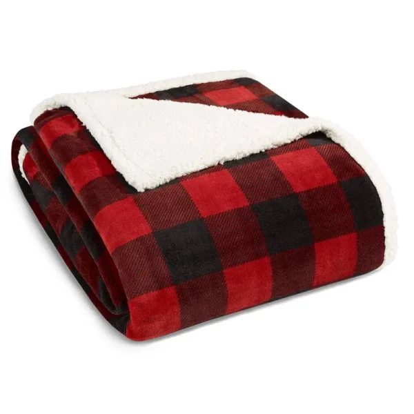 Eddie Bauer Mountain Plaid Sherpa Twin Blanket - Dark Red
