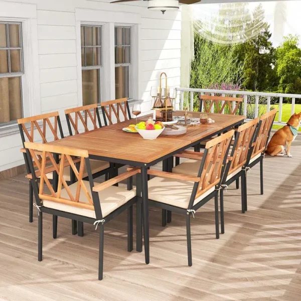 9-Piece Acacia Wood Patio Dining Furniture Set, 79" Rectangle Dining Table with 1.9" Umbrella Hole & 8 Wooden Armchairs