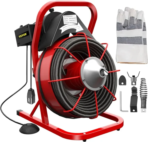 Drain Cleaner Machine. 75 Ft x 3/8 Inch Drain Cleaning Machine Fits 1 to 4 Inch Pipes. Portable Drain Auger Cleaner with 4 Cutters. Electric Drain Clog Remover Plumbing Tool