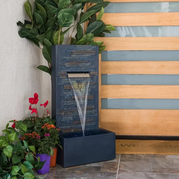 Alpine Corporation 32" Tall Cascading Stone Wall Fountain Decoration with LED Lights