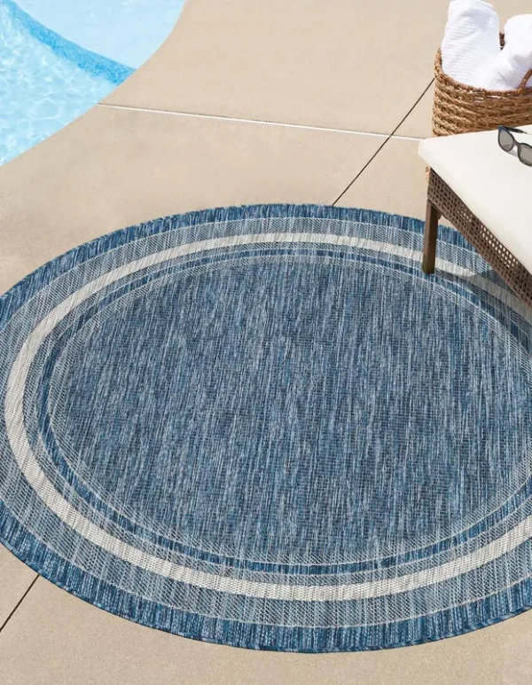 Outdoor Border 10 ft Round Blue Area Rug Indoor Outdoor Rug