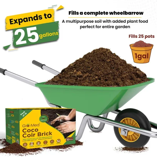 Gro-Med Organic Compressed Coconut Coco Coir Bricks for Plants with NPK Potting Soil, 10 Pcs 650g ea