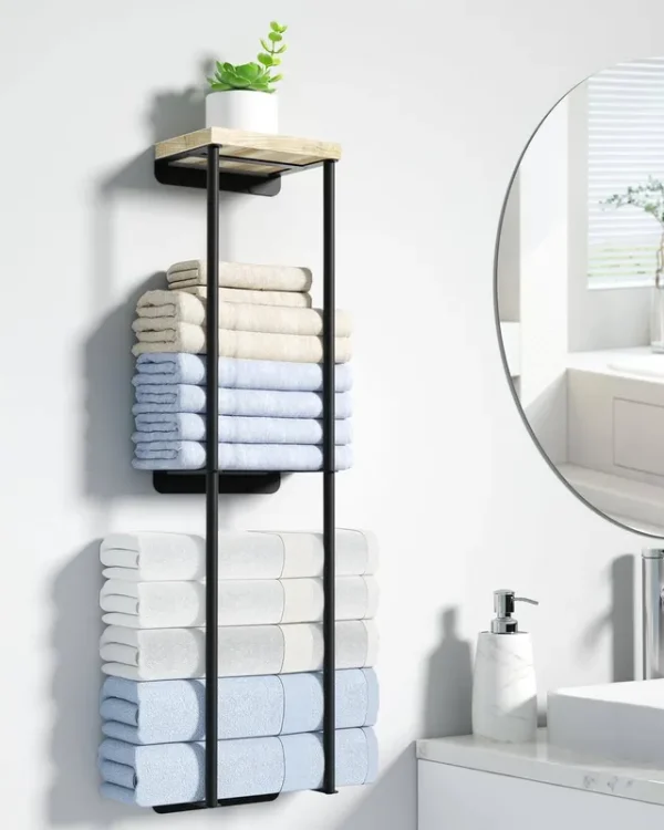 Nroech Towel Racks for Bathroom 2 Tier Wall Towel Holder with Wood Shelf Metal Wall Towel Rack Mounted Towel Storage for Small Bathroom