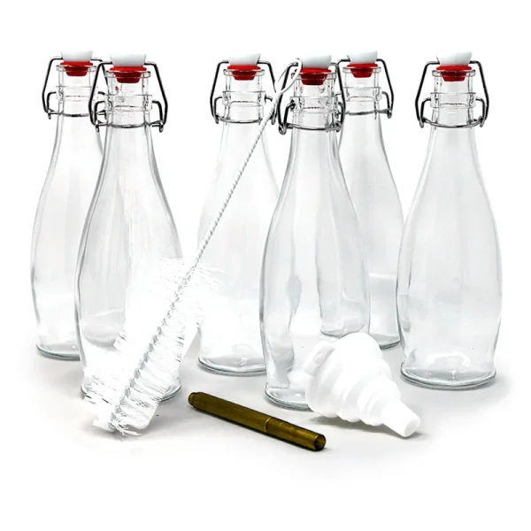 17 oz. Glass Bottles with Swing Top Stoppers, Bottle Brush, Funnel, and Gold Glass Marker (Set of 6)