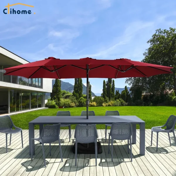 Clihome 15 ft Outdoor Rectangular Crank Market Umbrella with Base Red, Size: 13'