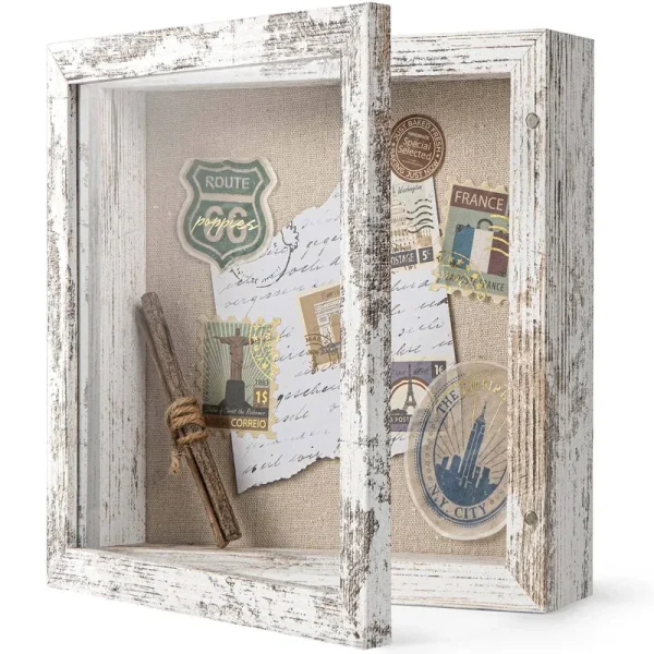 8x8 Shadow Box Frame with Soft Linen Back - Easy Opening Memory Display Case of Flower, Pictures, Art and More, Rustic White