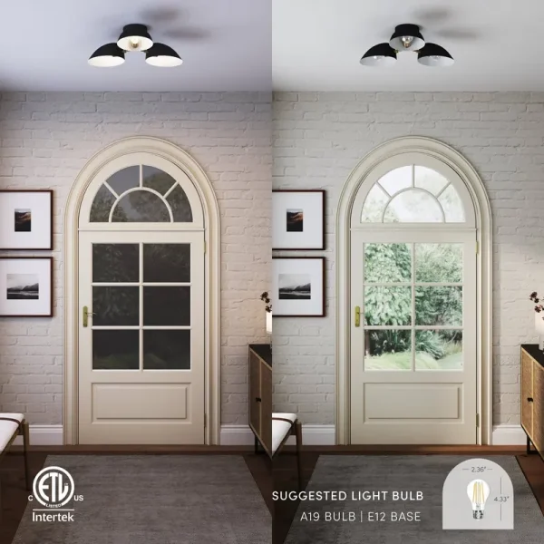Nathan James Argo Semi Flush Ceiling Mount 3-Light Fixture with Retro Black Rounded Shade for Hallway, Kitchen or Bedroom