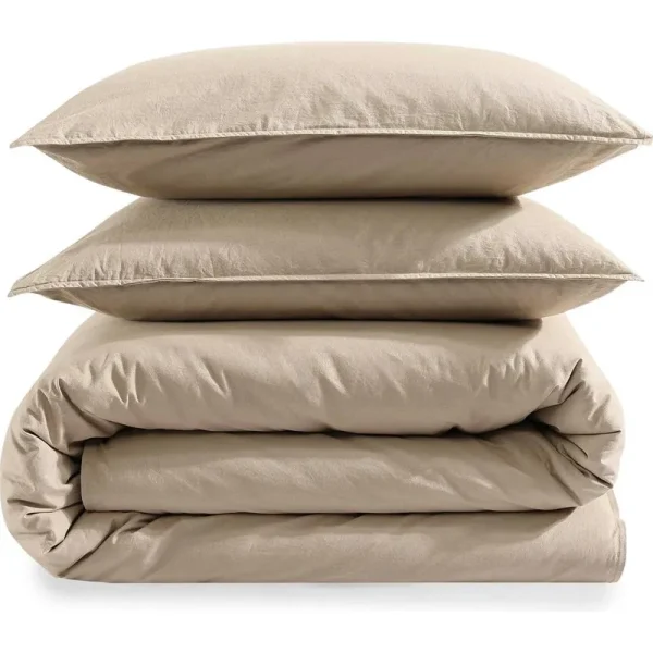 Calvin Klein Washed Percale Solid Cotton Duvet Cover Set - Camel Brown - Queen