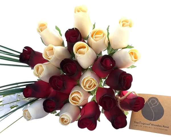 The Original Wooden Rose, Red with Black Tips and White Wooden Rose Bouquet (2 Dozen)