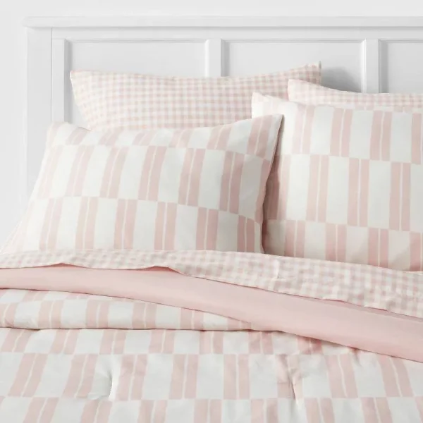 5pc Twin Extra Long Dash Stripe Printed Microfiber Reversible Comforter & Sheets Set Ivory/Light Pink - Room Essentials