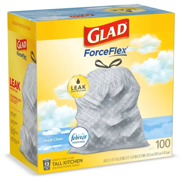 Glad OdorShield Febreze Fresh Clean Scent Tall Kitchen Drawstring Bags, 13 gal - 100 count
