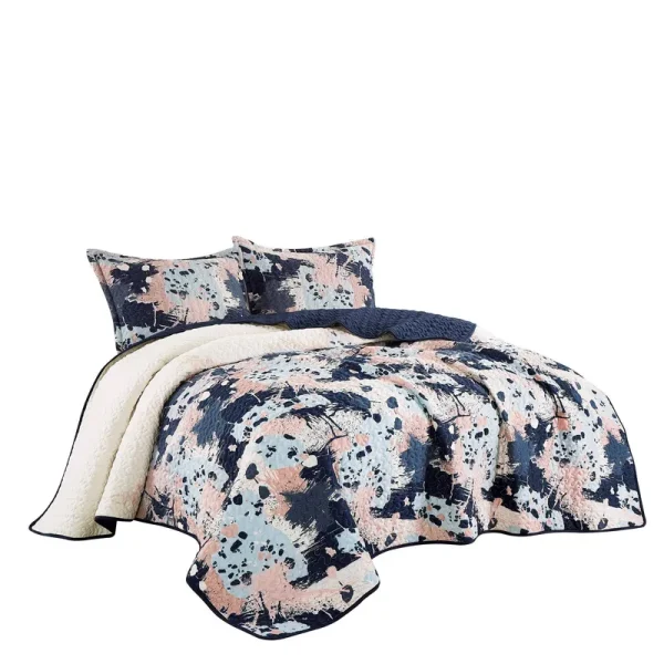 Jaba 3-Piece Fine Printed King Size Quilt Set, All-Season Bedspread, Hermia Coverlet with Pillow Shams Bed Cover (Navy, Blue, Coral, White, Abstract)