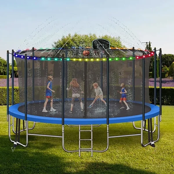 16FT Trampoline for 8 - 9 Kids Adults with Basketball Hoop, Enclosure, Light, Sprinkler, Socks, 2000 lb Outdoor Round Heavy Duty Recreational Backyard Trampoline