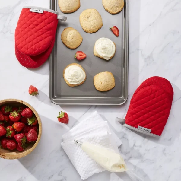 KitchenAid Asteroid Mini Cotton Oven Mitts with Silicone Grip, Red - set of 2