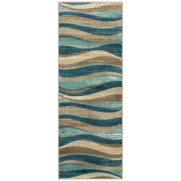 Mainstays Geometric Blue Brown Waves Indoor Hallway Runner Rug, 1'10"x5'