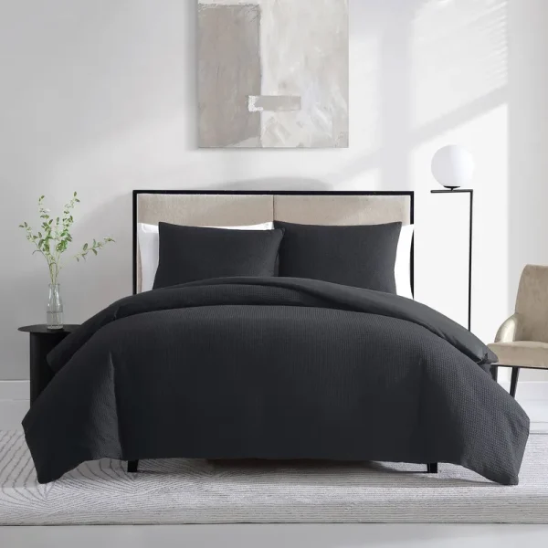 Vera Wang Waffle Pique Cotton Comforter Set - Black - Queen