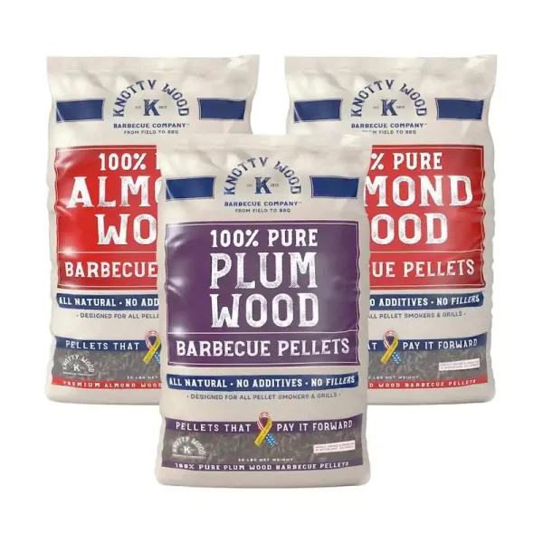 Knotty Wood Barbecue Company 20 lbs. 100% Pure Almond Wood BBQ Smoker Pellets (2-Pack) and 20 lbs. 100% Pure Plum Wood BBQ Smoker Pellets