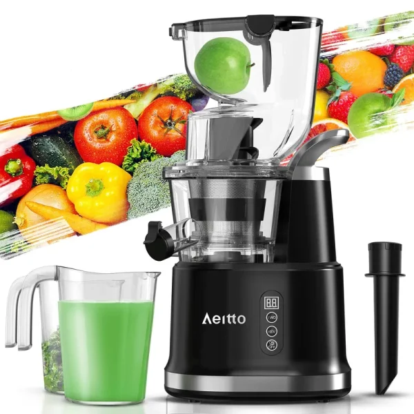 Aeitto Cold Press Slow Juicer, Portable Big Wide 81mm Chute LED Display Masticating Juicer for Nutrient Fruits and Vegetables, Vertical