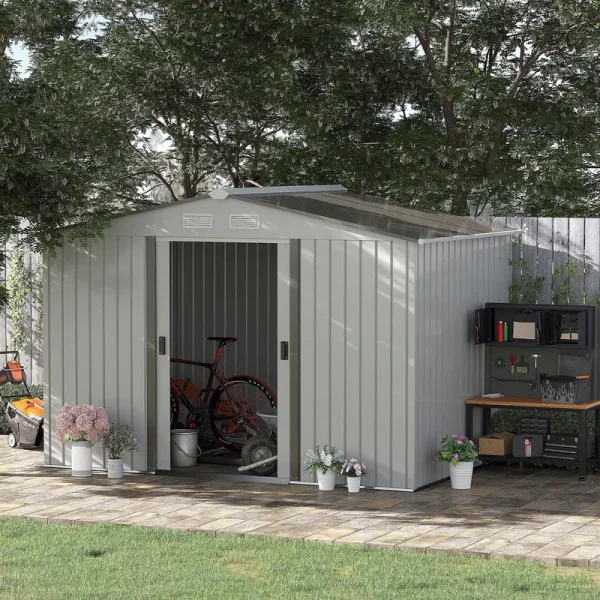 Outsunny 9' x 6' Metal Storage Shed Garden Tool House with Double Sliding Doors, 4 Air Vents for Backyard, Patio, Lawn, Silver