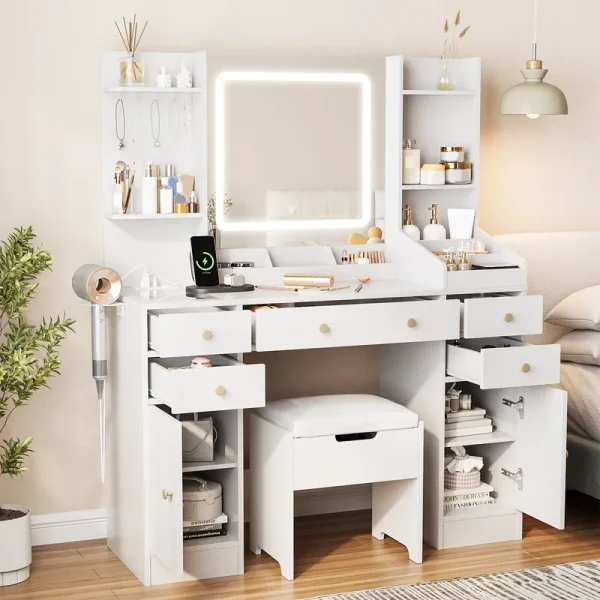 Vanity Set with Mirror and Lights, Makeup Table with Charging Station, 5 Drawers & Storage Shelves, White