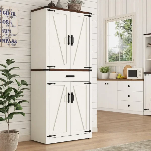 72" Tall Farmhouse Kitchen Pantry Cabinet W/1 Drawer & 4 Roomy Storage Shelves, Versatile Wood Storage Cabinet with 4 Barn Door & Adjustable Shelves & for Dining Room Bathroom Utility Room