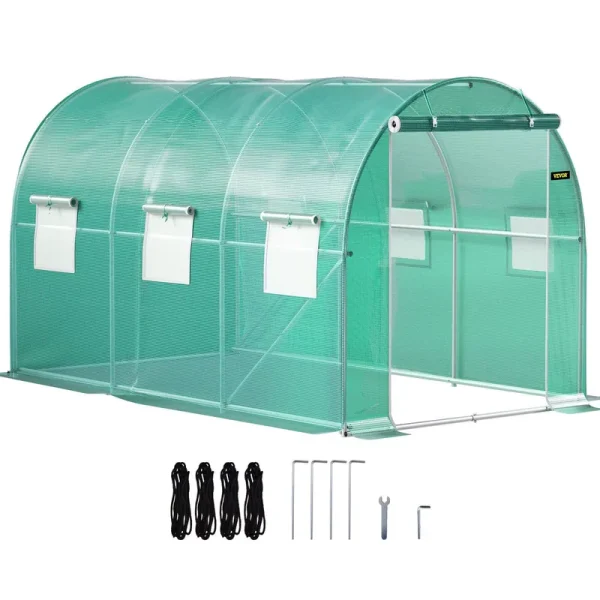 VEVOR Walk-In Tunnel Greenhouse 12 x 7 x 7 ft Portable Plant Hot House w/ Galvanized Steel Hoops 1 Top Beam Diagonal Poles Zippered Door & 6 Roll-Up