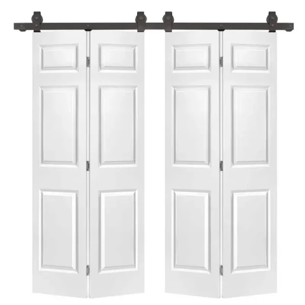 CALHOME 60 in. x 80 in. 6 Panel Primed MDF Composite Double Bi-Fold Barn Door with Sliding Hardware Kit