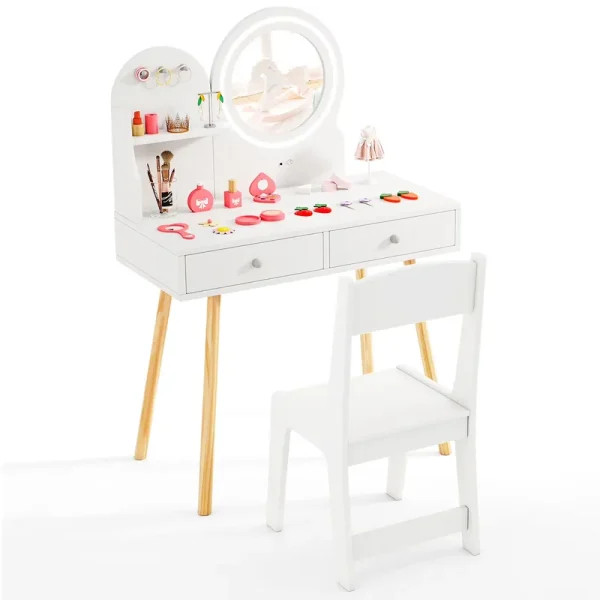 Gymax Kids Vanity Set W/ Lighted Mirror Princess Makeup Dressing Desk & Chair Set White