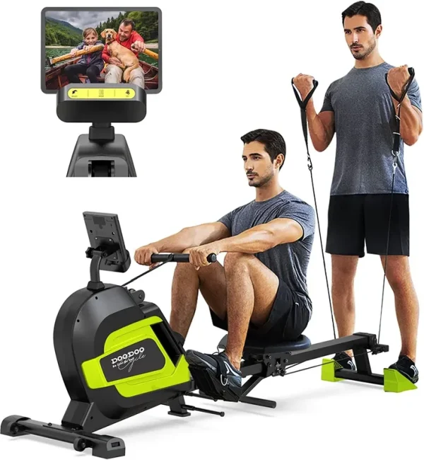 Pooboo Upgrade 3 - in - 1 Multi - Functional Home Rowing Machine Indoor Exercise Row Machine Foldable Rower 14 Adjustable Level Quiet Magnetic Resistance with Arm Training Bands & Stretching Board 360 lb